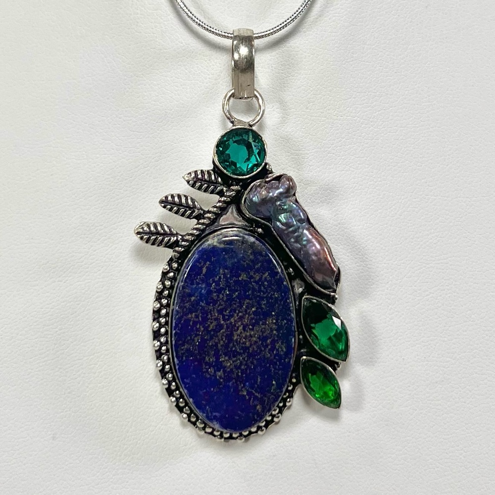 Lapis Biwa Pearl 925 Gemstone Pendant